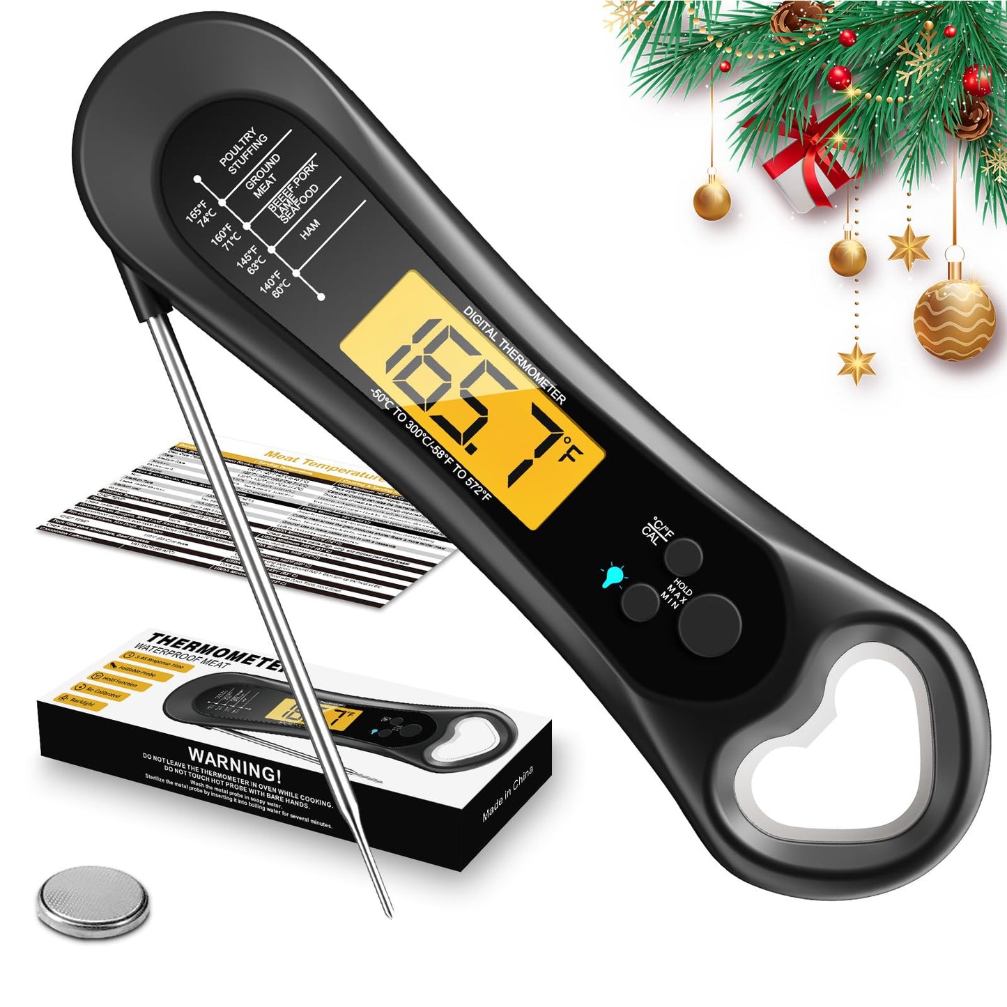 Meat Thermometer Digital, Instant Read Meat Thermometer for Grill and Cooking, with Bottle Opener, Backlight & Calibration Food Thermometer, Kitchen Gadgets for BBQ, Turkey, Candy, Liquids - CookCave
