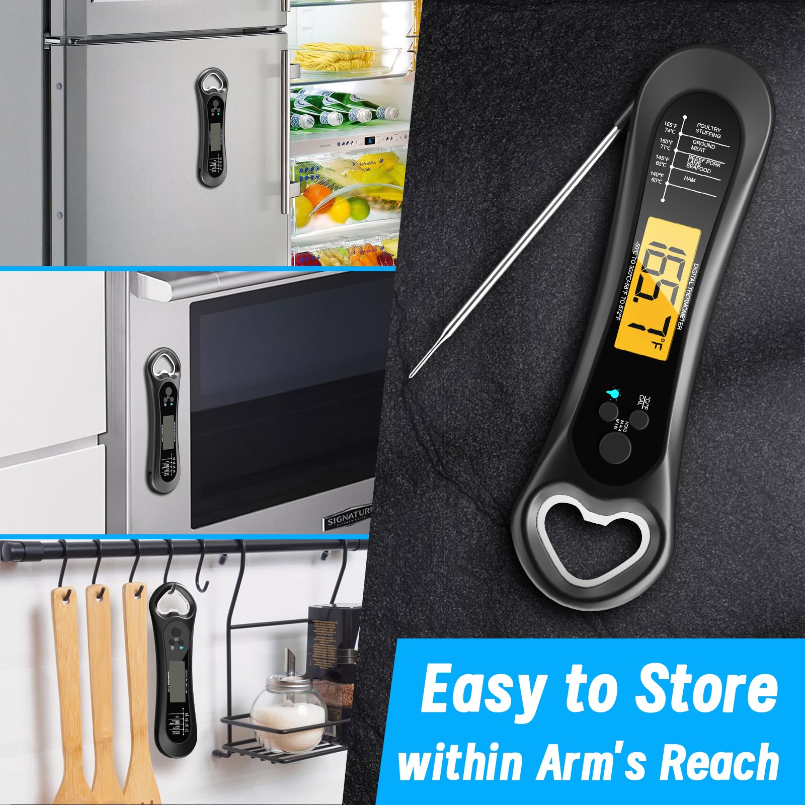 Meat Thermometer Digital, Instant Read Meat Thermometer for Grill and Cooking, with Bottle Opener, Backlight & Calibration Food Thermometer, Kitchen Gadgets for BBQ, Turkey, Candy, Liquids - CookCave