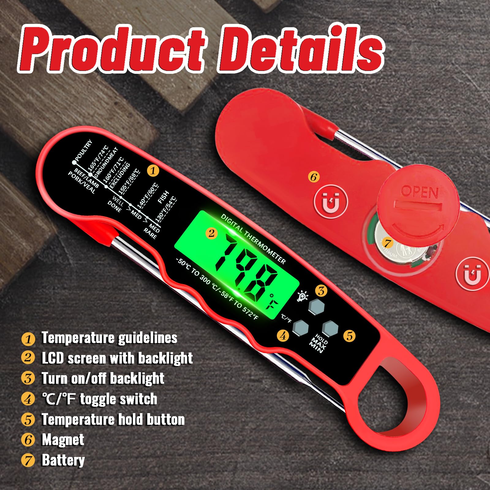 Meat Thermometer Digital, IP67 Waterproof Food Thermometer for Cooking and Baking, Instant Read Meat Thermometer with Backlight, Hold Function & Magnet for Kitchen, Beef, Grill, BBQ, Candy, Turkey - CookCave
