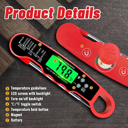 Meat Thermometer Digital, IP67 Waterproof Food Thermometer for Cooking and Baking, Instant Read Meat Thermometer with Backlight, Hold Function & Magnet for Kitchen, Beef, Grill, BBQ, Candy, Turkey - CookCave