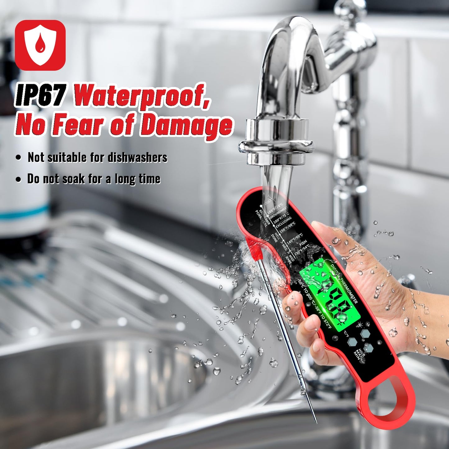 Meat Thermometer Digital, IP67 Waterproof Food Thermometer for Cooking and Baking, Instant Read Meat Thermometer with Backlight, Hold Function & Magnet for Kitchen, Beef, Grill, BBQ, Candy, Turkey - CookCave