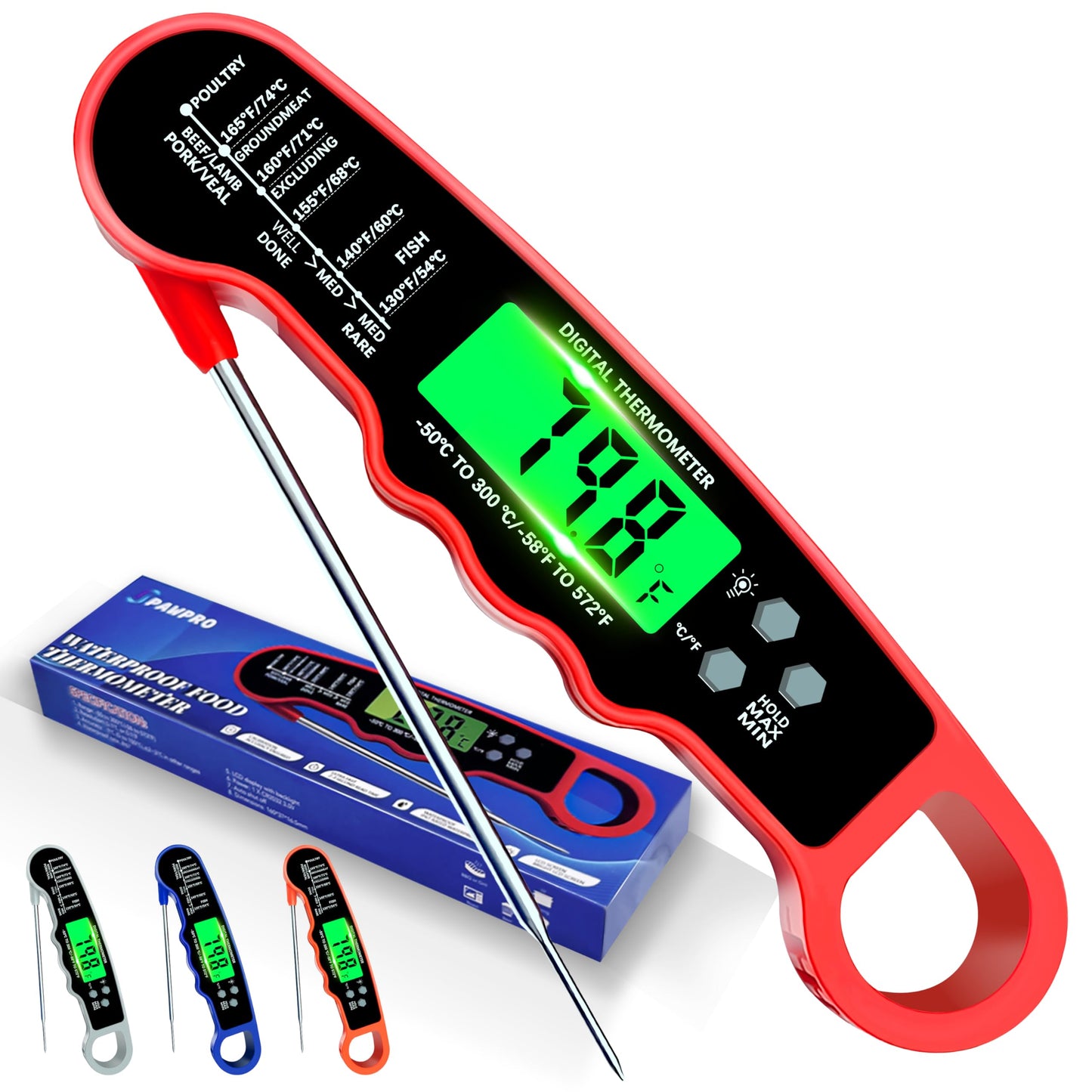 Meat Thermometer Digital, IP67 Waterproof Food Thermometer for Cooking and Baking, Instant Read Meat Thermometer with Backlight, Hold Function & Magnet for Kitchen, Beef, Grill, BBQ, Candy, Turkey - CookCave