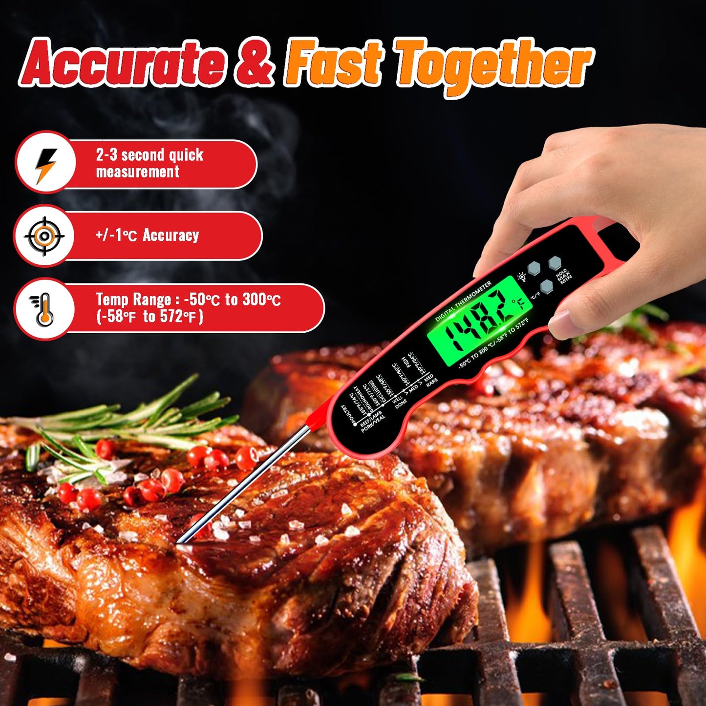 Meat Thermometer Digital, IP67 Waterproof Food Thermometer for Cooking and Baking, Instant Read Meat Thermometer with Backlight, Hold Function & Magnet for Kitchen, Beef, Grill, BBQ, Candy, Turkey - CookCave