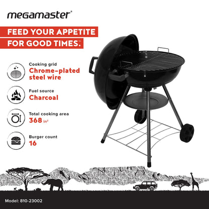 Megamaster 22" Heavy Duty Charcoal Barbecue Grill with Adjustable Air Vent, 354 SQ. In Cooking Area, Storage Rack, 2 Wheeled Portable Grill for Camping, Outdoor Cooking, and More - 810-23002 - CookCave