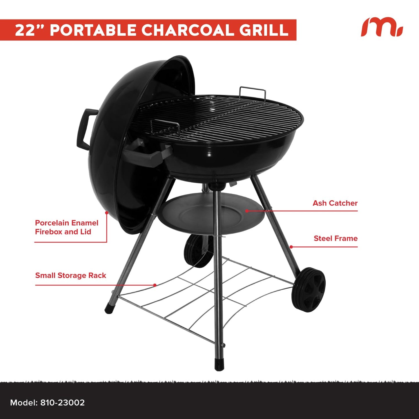 Megamaster 22" Heavy Duty Charcoal Barbecue Grill with Adjustable Air Vent, 354 SQ. In Cooking Area, Storage Rack, 2 Wheeled Portable Grill for Camping, Outdoor Cooking, and More - 810-23002 - CookCave