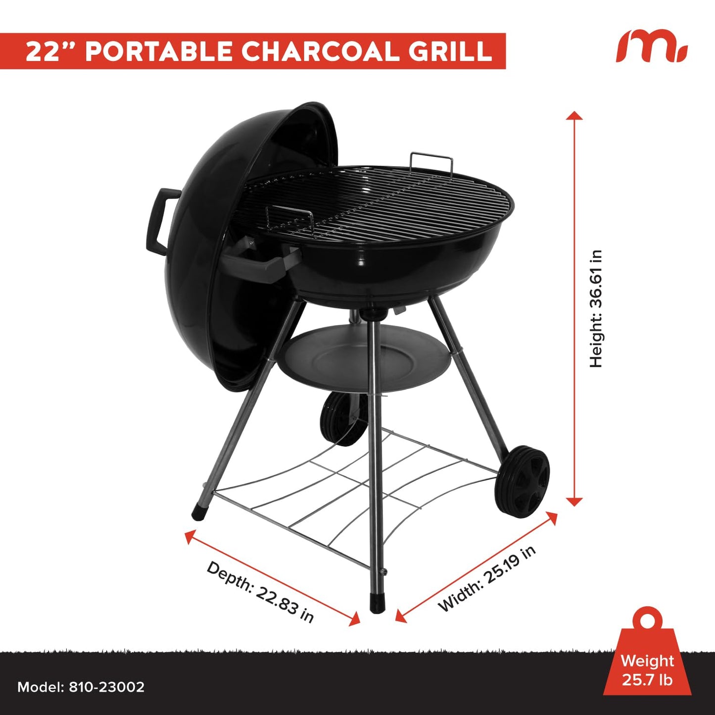 Megamaster 22" Heavy Duty Charcoal Barbecue Grill with Adjustable Air Vent, 354 SQ. In Cooking Area, Storage Rack, 2 Wheeled Portable Grill for Camping, Outdoor Cooking, and More - 810-23002 - CookCave