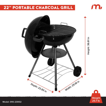 Megamaster 22" Heavy Duty Charcoal Barbecue Grill with Adjustable Air Vent, 354 SQ. In Cooking Area, Storage Rack, 2 Wheeled Portable Grill for Camping, Outdoor Cooking, and More - 810-23002 - CookCave