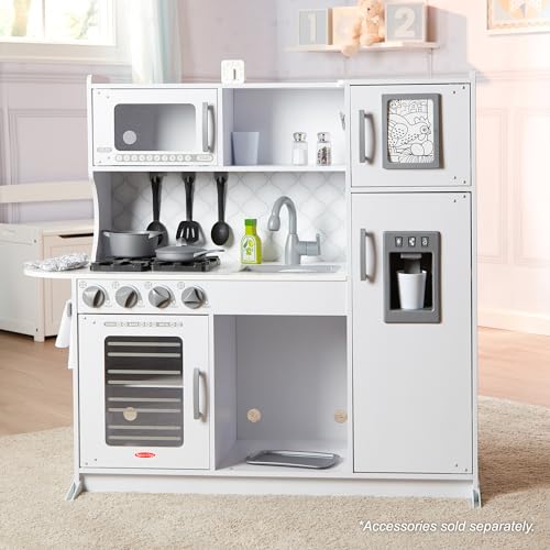 Melissa & Doug Wooden Chef’s Pretend Play Toy Kitchen With “Ice” Cube Dispenser – Cloud White - FSC Certified - CookCave