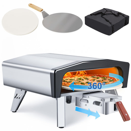 MELLCOM 20" Outdoor Gas Pizza Oven - Pull Out Handle & 360° Automatic Rotating Pizza Stone, Including Pizza Peel, Carry Bag, Portable Stainless Steel Propane Pizza Oven for Grill, Backyard and Camping - CookCave