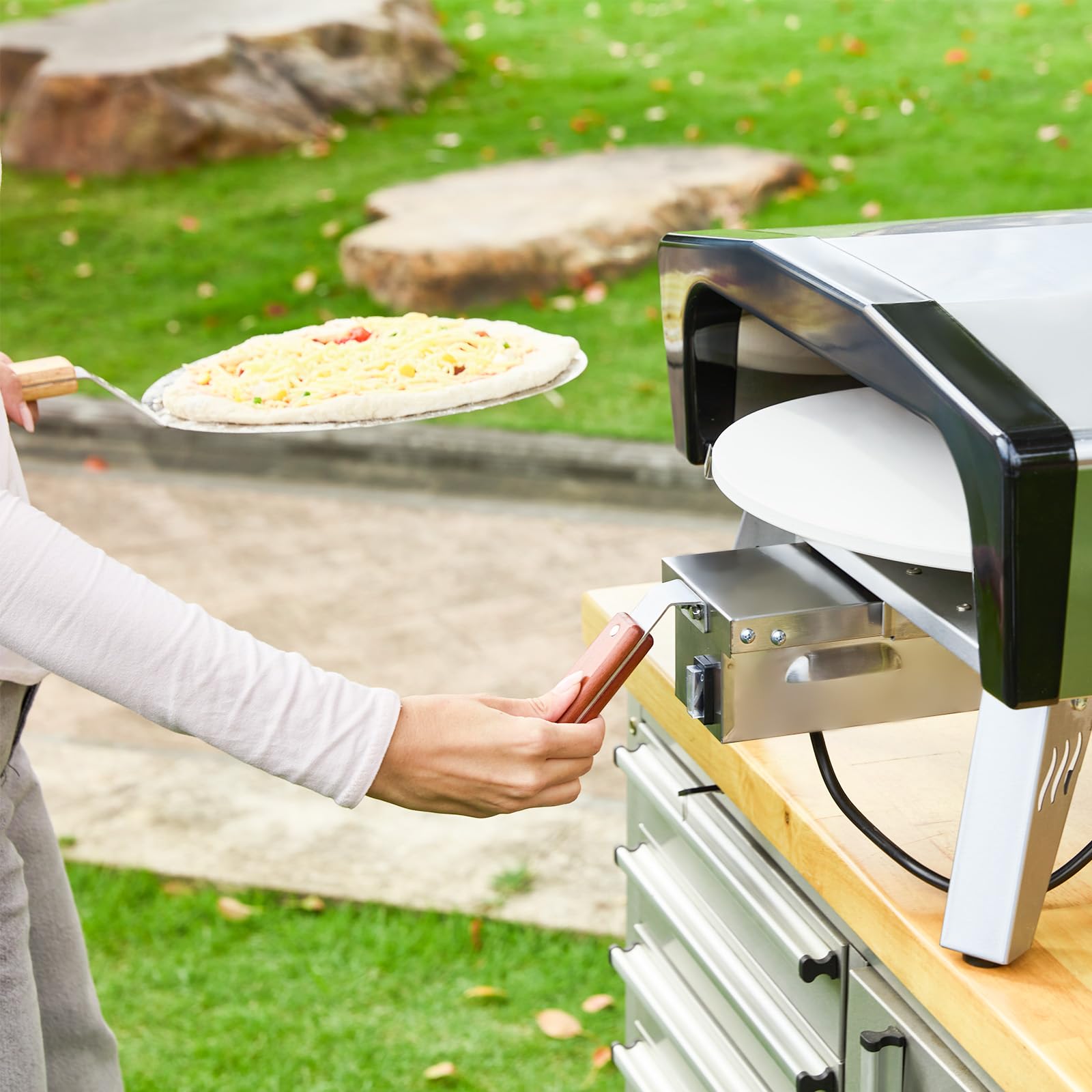 MELLCOM 20" Outdoor Gas Pizza Oven - Pull Out Handle & 360° Automatic Rotating Pizza Stone, Including Pizza Peel, Carry Bag, Portable Stainless Steel Propane Pizza Oven for Grill, Backyard and Camping - CookCave
