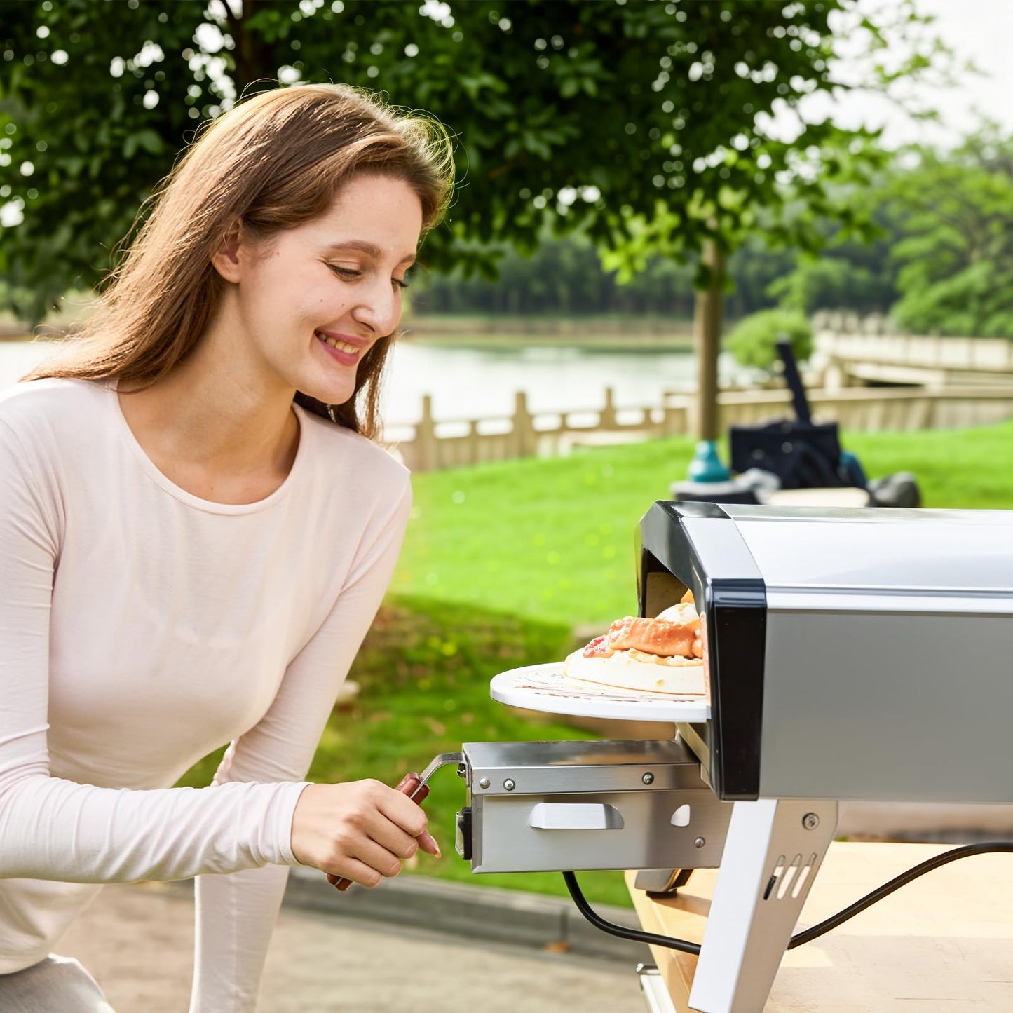 MELLCOM 20" Outdoor Gas Pizza Oven - Pull Out Handle & 360° Automatic Rotating Pizza Stone, Including Pizza Peel, Carry Bag, Portable Stainless Steel Propane Pizza Oven for Grill, Backyard and Camping - CookCave