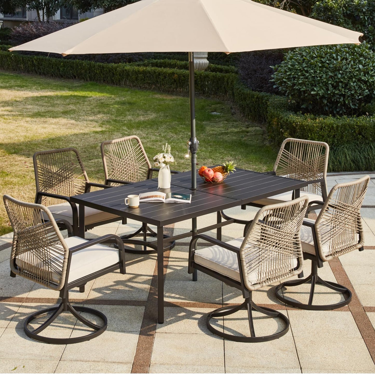 MELLCOM 7-Piece Outdoor Dining Set, 6 Swivel Rattan Chairs with Thick Cushions & Dining Table with Umbrella Hole, Patio Furniture Set for Porch, Garden, Backyard, Poolside, Deck, Beige - CookCave