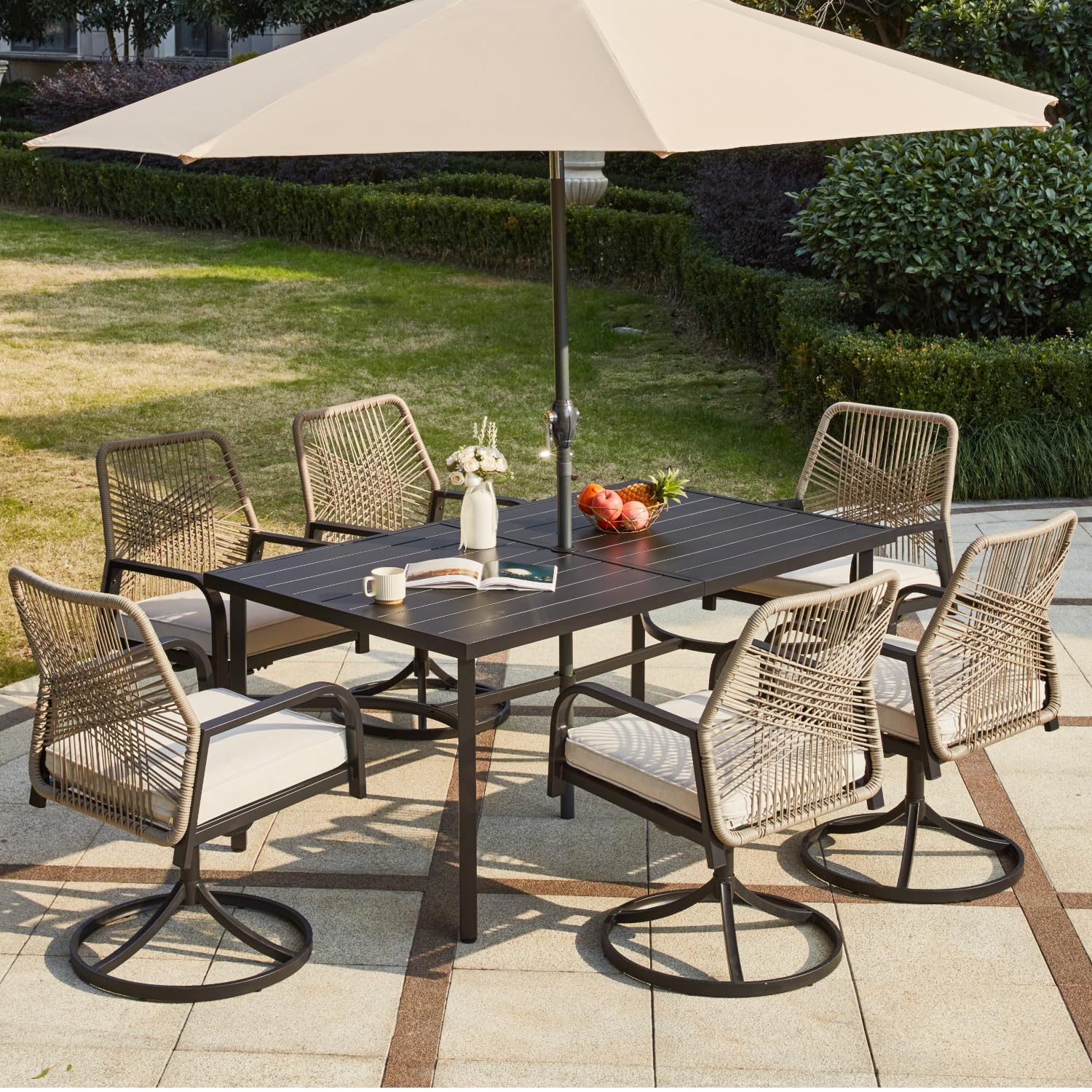 MELLCOM 7-Piece Outdoor Dining Set, 6 Swivel Rattan Chairs with Thick Cushions & Dining Table with Umbrella Hole, Patio Furniture Set for Porch, Garden, Backyard, Poolside, Deck, Beige - CookCave