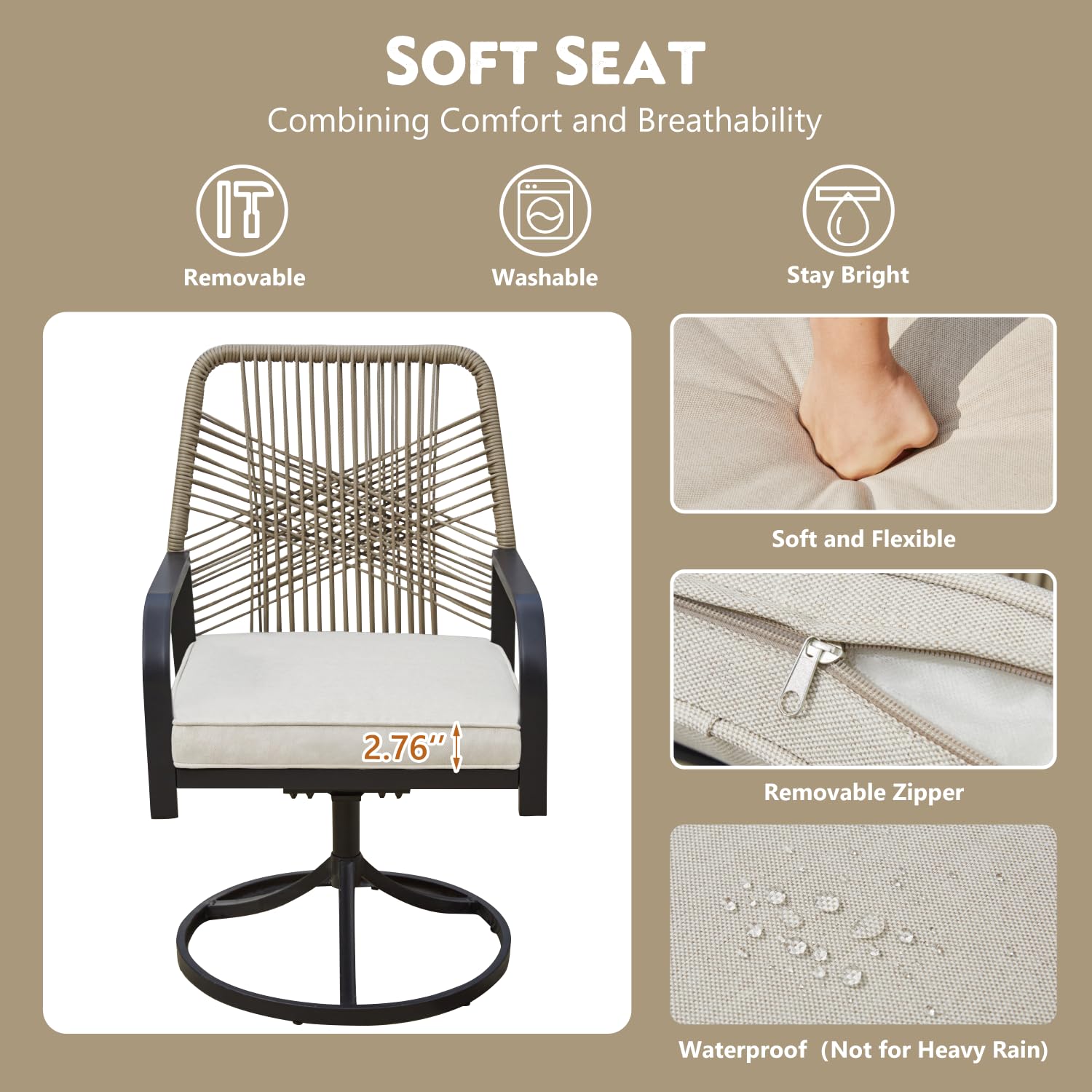 MELLCOM 7-Piece Outdoor Dining Set, 6 Swivel Rattan Chairs with Thick Cushions & Dining Table with Umbrella Hole, Patio Furniture Set for Porch, Garden, Backyard, Poolside, Deck, Beige - CookCave