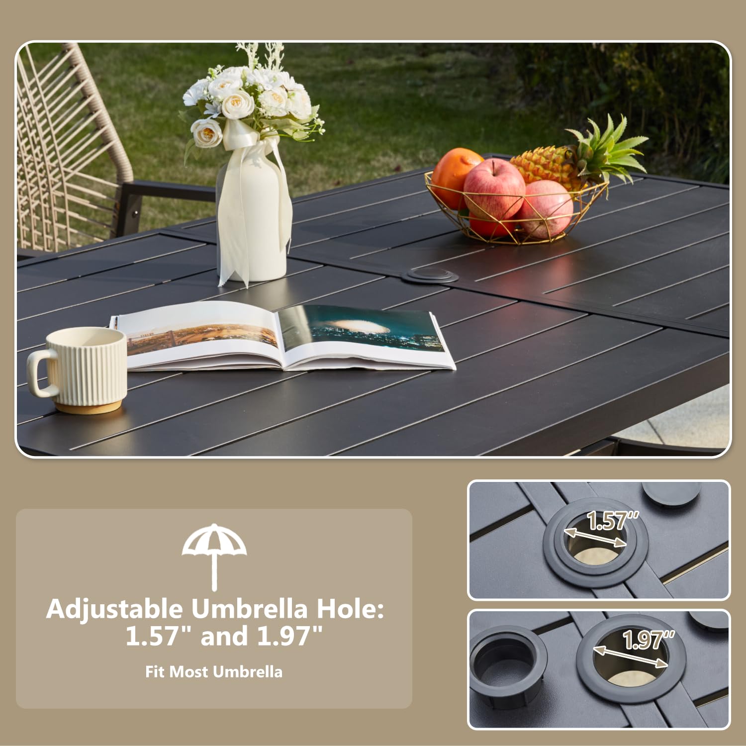 MELLCOM 7-Piece Outdoor Dining Set, 6 Swivel Rattan Chairs with Thick Cushions & Dining Table with Umbrella Hole, Patio Furniture Set for Porch, Garden, Backyard, Poolside, Deck, Beige - CookCave