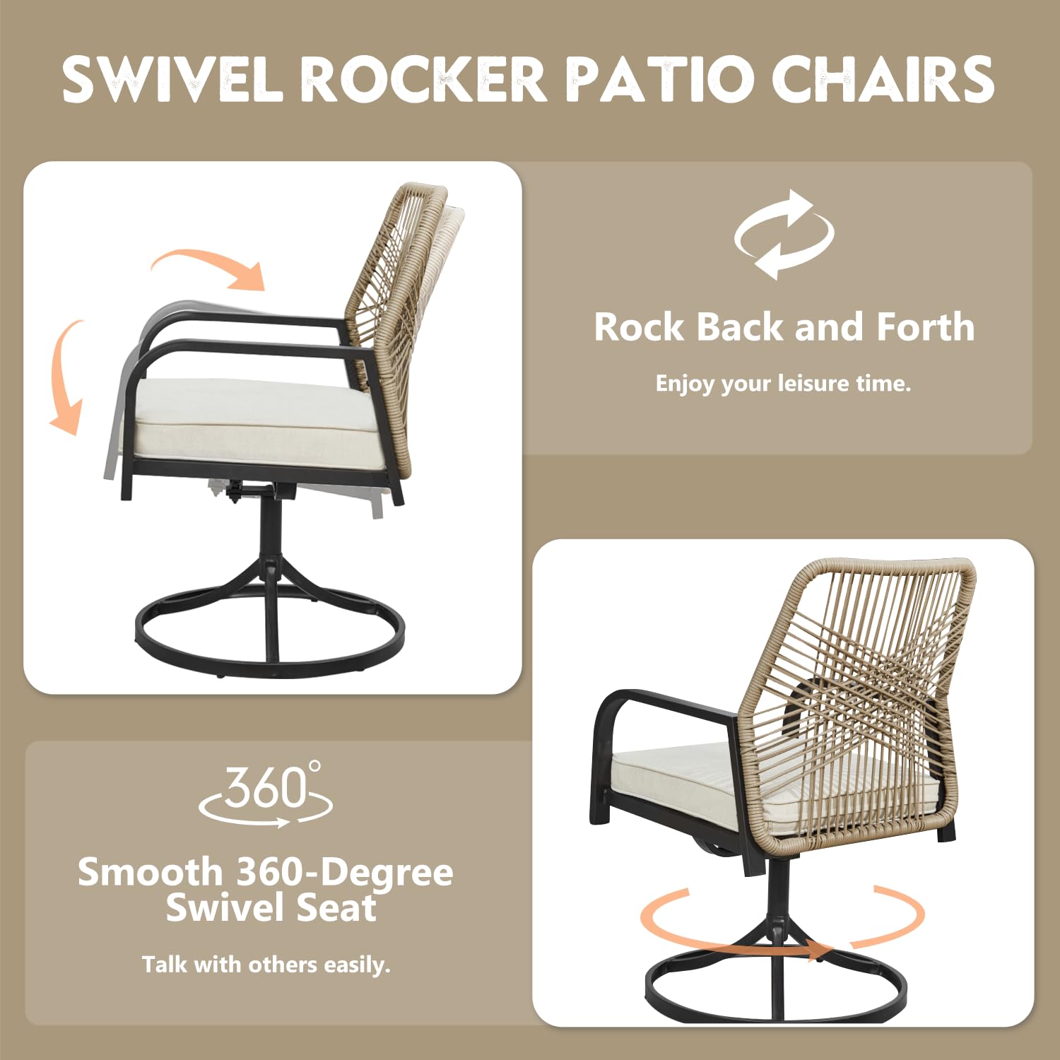 MELLCOM 7-Piece Outdoor Dining Set, 6 Swivel Rattan Chairs with Thick Cushions & Dining Table with Umbrella Hole, Patio Furniture Set for Porch, Garden, Backyard, Poolside, Deck, Beige - CookCave