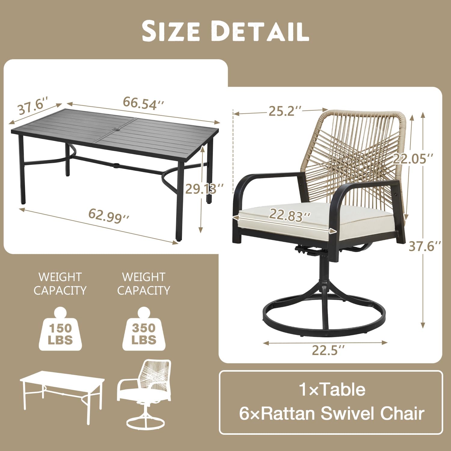 MELLCOM 7-Piece Outdoor Dining Set, 6 Swivel Rattan Chairs with Thick Cushions & Dining Table with Umbrella Hole, Patio Furniture Set for Porch, Garden, Backyard, Poolside, Deck, Beige - CookCave