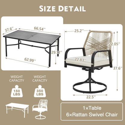 MELLCOM 7-Piece Outdoor Dining Set, 6 Swivel Rattan Chairs with Thick Cushions & Dining Table with Umbrella Hole, Patio Furniture Set for Porch, Garden, Backyard, Poolside, Deck, Beige - CookCave