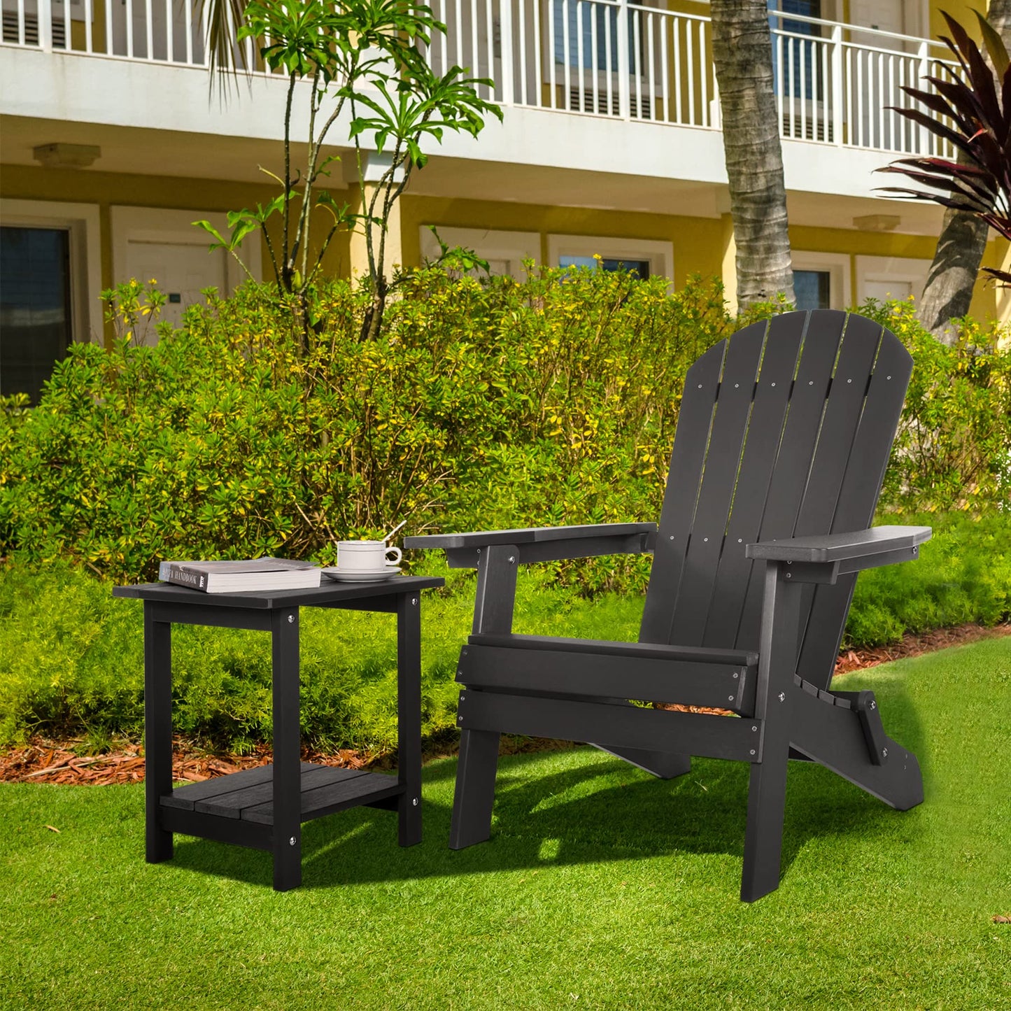 Meluvici Double Adirondack Side Table Weather Resistant, Outdoor Rectangular End Table for Adirondack Chair, Black with Wood Grain - CookCave