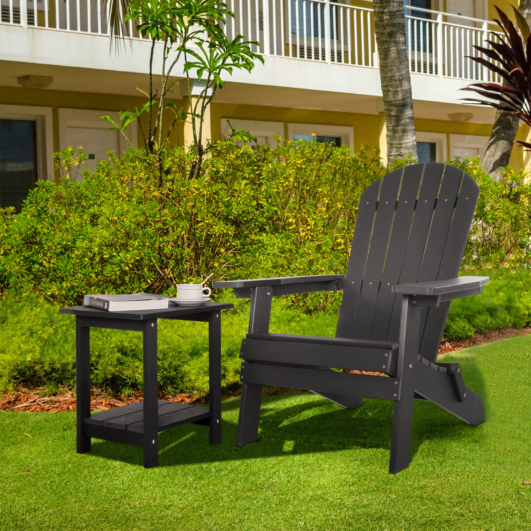 Meluvici Double Adirondack Side Table Weather Resistant, Outdoor Rectangular End Table for Adirondack Chair, Black with Wood Grain - CookCave