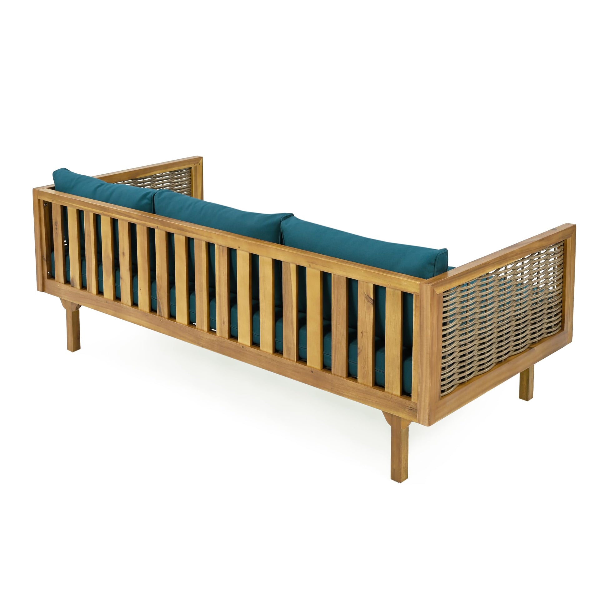 Merax 67.5" Outdoor Patio Daybed 3 Seater Sofa Bed,Acacia Wood Frame with Rattan Arm,Cushion & Pillow for Courtyard - CookCave