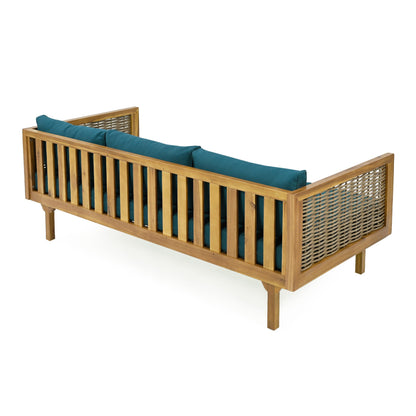 Merax 67.5" Outdoor Patio Daybed 3 Seater Sofa Bed,Acacia Wood Frame with Rattan Arm,Cushion & Pillow for Courtyard - CookCave