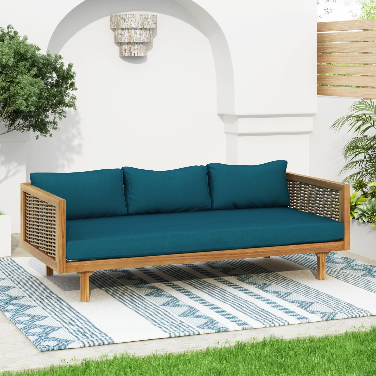 Merax 67.5" Outdoor Patio Daybed 3 Seater Sofa Bed,Acacia Wood Frame with Rattan Arm,Cushion & Pillow for Courtyard - CookCave
