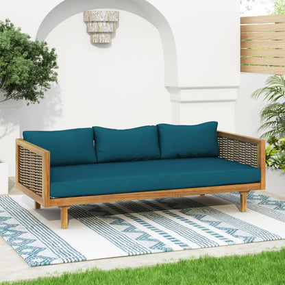 Merax 67.5" Outdoor Patio Daybed 3 Seater Sofa Bed,Acacia Wood Frame with Rattan Arm,Cushion & Pillow for Courtyard - CookCave