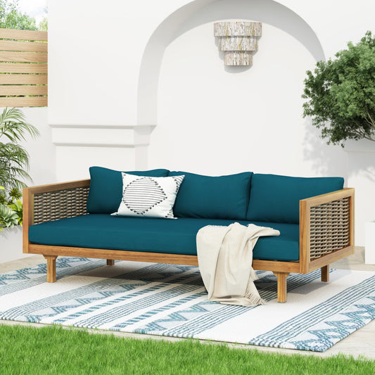 Merax 67.5" Outdoor Patio Daybed 3 Seater Sofa Bed,Acacia Wood Frame with Rattan Arm,Cushion & Pillow for Courtyard - CookCave