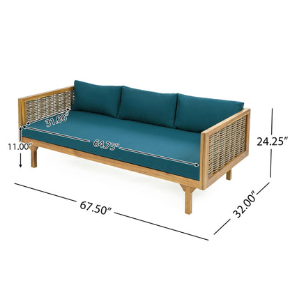 Merax 67.5" Outdoor Patio Daybed 3 Seater Sofa Bed,Acacia Wood Frame with Rattan Arm,Cushion & Pillow for Courtyard - CookCave