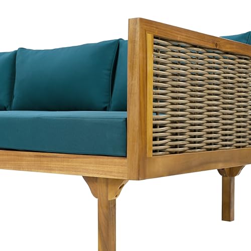 Merax 67.5" Outdoor Patio Daybed 3 Seater Sofa Bed,Acacia Wood Frame with Rattan Arm,Cushion & Pillow for Courtyard - CookCave