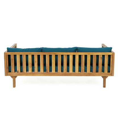 Merax 67.5" Outdoor Patio Daybed 3 Seater Sofa Bed,Acacia Wood Frame with Rattan Arm,Cushion & Pillow for Courtyard - CookCave