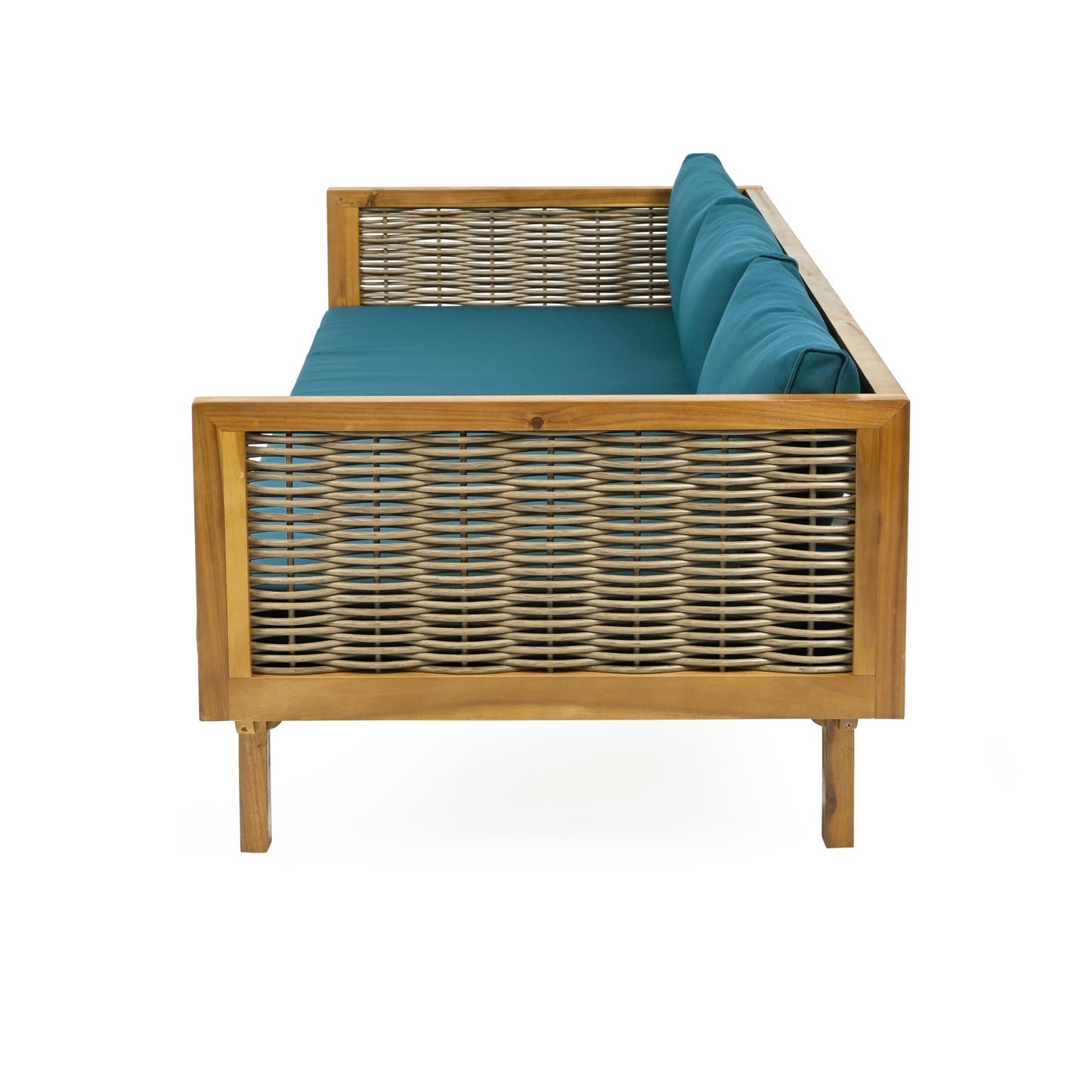 Merax 67.5" Outdoor Patio Daybed 3 Seater Sofa Bed,Acacia Wood Frame with Rattan Arm,Cushion & Pillow for Courtyard - CookCave