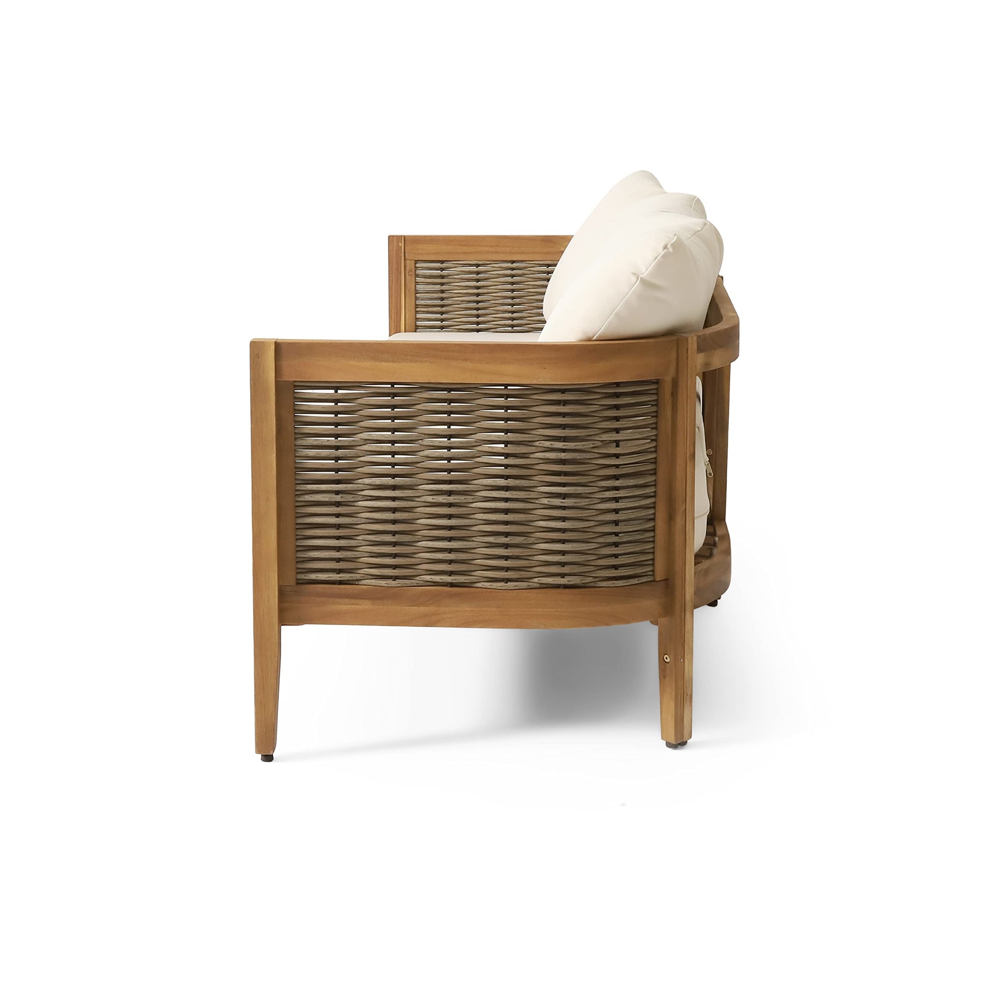 Merax Outdoor Acacia Wood Wicker 3 Seater Sofa, Patio Furniture Conversation Set for Backyard - CookCave