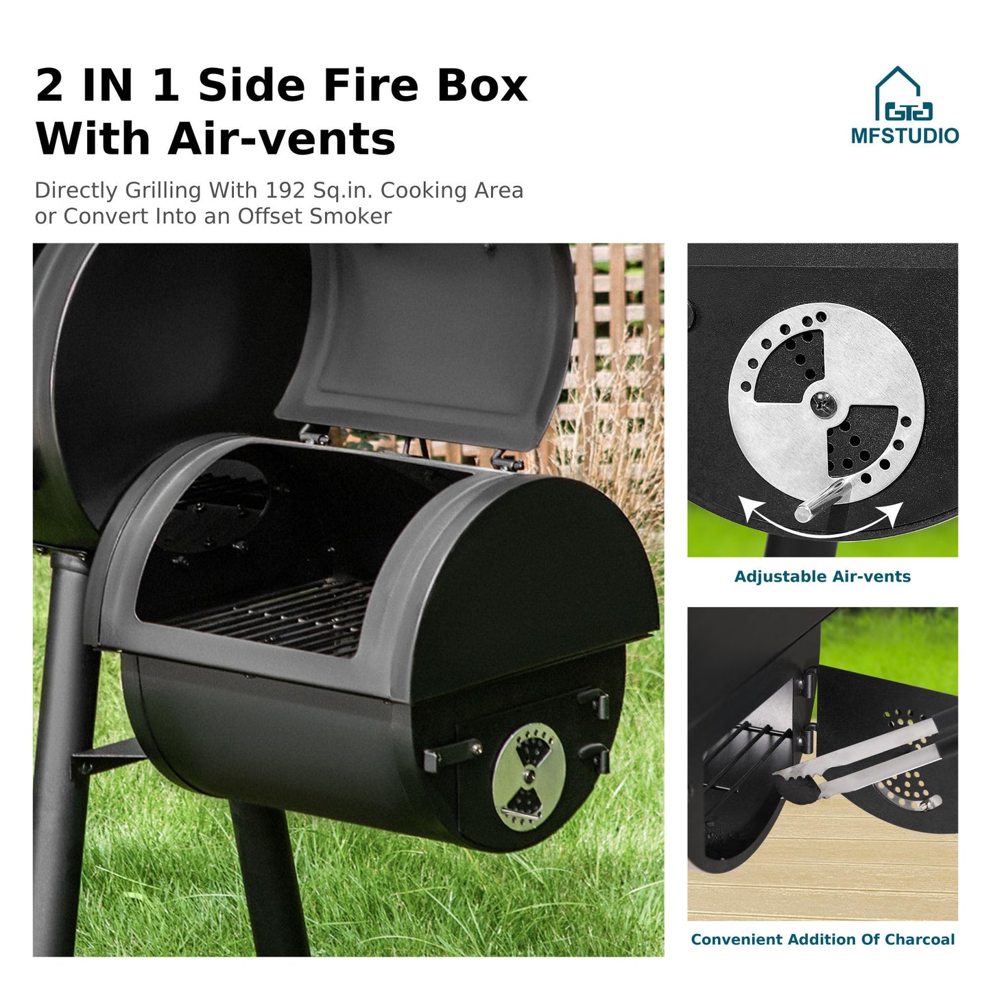 MFSTUDIO Heavy Duty Charcoal Wood Offset Outdoor Smoker Grill, Charcoal Grill with Smoker Combo for BBQ Grilling, 512 SQ.IN. - CookCave