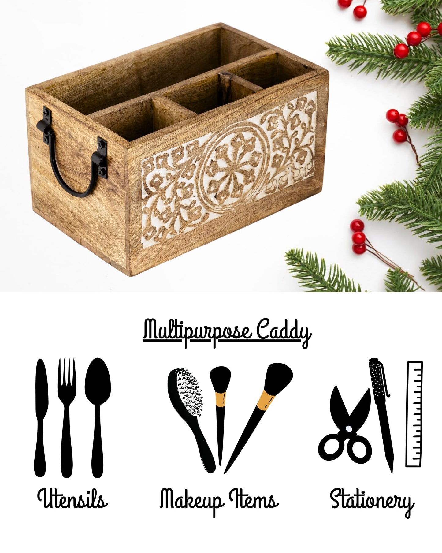 Mie Creations 4 Compartment Wooden Silverware Caddy Utensil Holder, Farmhouse Cutlery Flatware Organizer, Decorative Wood Caddy with Metal Handles for Kitchen Countertop, Picnic, Buffet Party- White - CookCave
