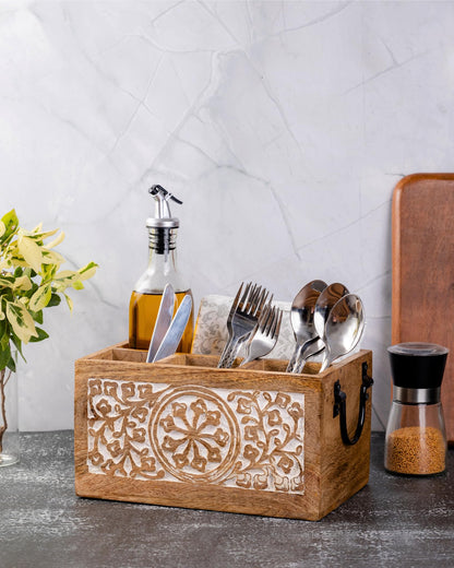 Mie Creations 4 Compartment Wooden Silverware Caddy Utensil Holder, Farmhouse Cutlery Flatware Organizer, Decorative Wood Caddy with Metal Handles for Kitchen Countertop, Picnic, Buffet Party- White - CookCave