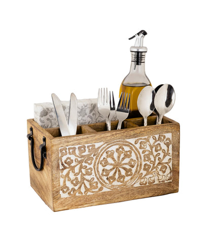 Mie Creations 4 Compartment Wooden Silverware Caddy Utensil Holder, Farmhouse Cutlery Flatware Organizer, Decorative Wood Caddy with Metal Handles for Kitchen Countertop, Picnic, Buffet Party- White - CookCave