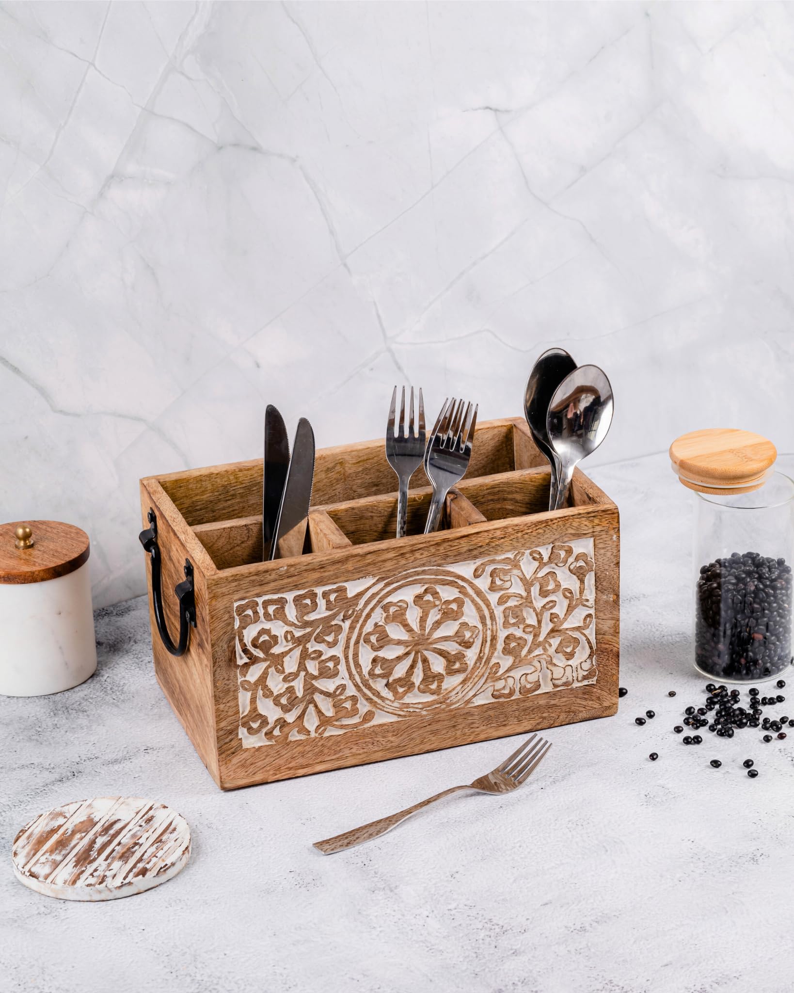 Mie Creations 4 Compartment Wooden Silverware Caddy Utensil Holder, Farmhouse Cutlery Flatware Organizer, Decorative Wood Caddy with Metal Handles for Kitchen Countertop, Picnic, Buffet Party- White - CookCave