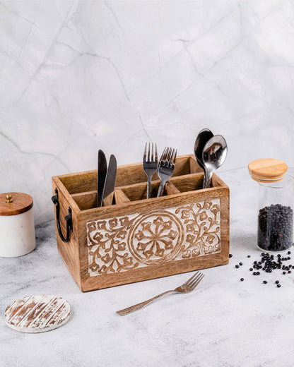 Mie Creations 4 Compartment Wooden Silverware Caddy Utensil Holder, Farmhouse Cutlery Flatware Organizer, Decorative Wood Caddy with Metal Handles for Kitchen Countertop, Picnic, Buffet Party- White - CookCave