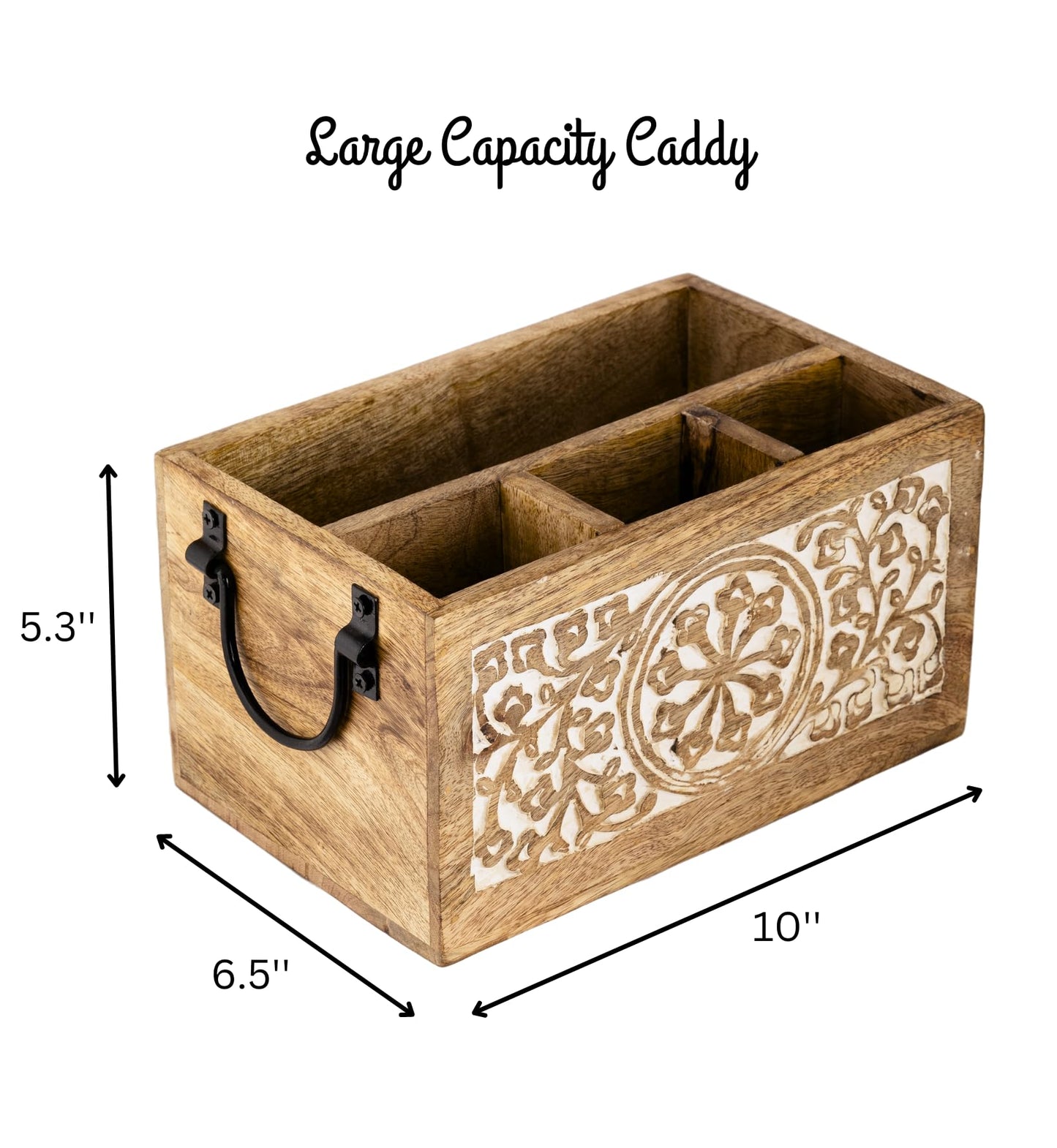 Mie Creations 4 Compartment Wooden Silverware Caddy Utensil Holder, Farmhouse Cutlery Flatware Organizer, Decorative Wood Caddy with Metal Handles for Kitchen Countertop, Picnic, Buffet Party- White - CookCave