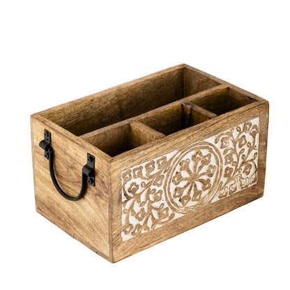 Mie Creations 4 Compartment Wooden Silverware Caddy Utensil Holder, Farmhouse Cutlery Flatware Organizer, Decorative Wood Caddy with Metal Handles for Kitchen Countertop, Picnic, Buffet Party- White - CookCave