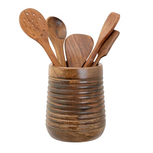 Mie Creations Rustic 7'' Large Utensil Crock Holder for Kitchen Countertop | Wooden Cooking Spatula Organizer for Party, Mothers Day Christmas Utensils Caddy, Vintage Kitchen Counter Decor-Dark Brown - CookCave
