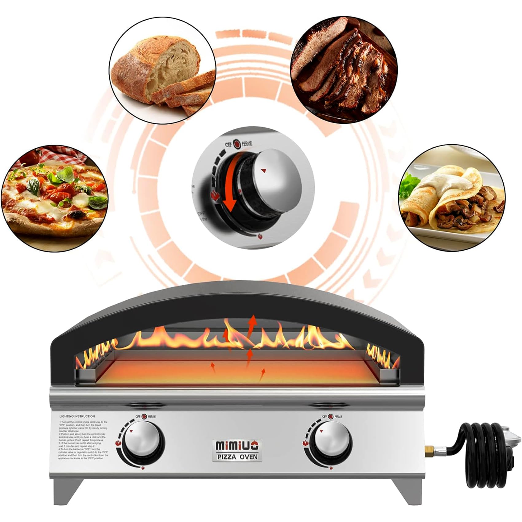 Mimiuo 25 Inch Outdoor Gas Pizza Oven, Portable Propane Pizza Oven with Large Baking Stone - Make 2 Pizzas At Once - Multifunctional Stainless Steel Grilling Stove to Cook Steak Meat Seafood - CookCave