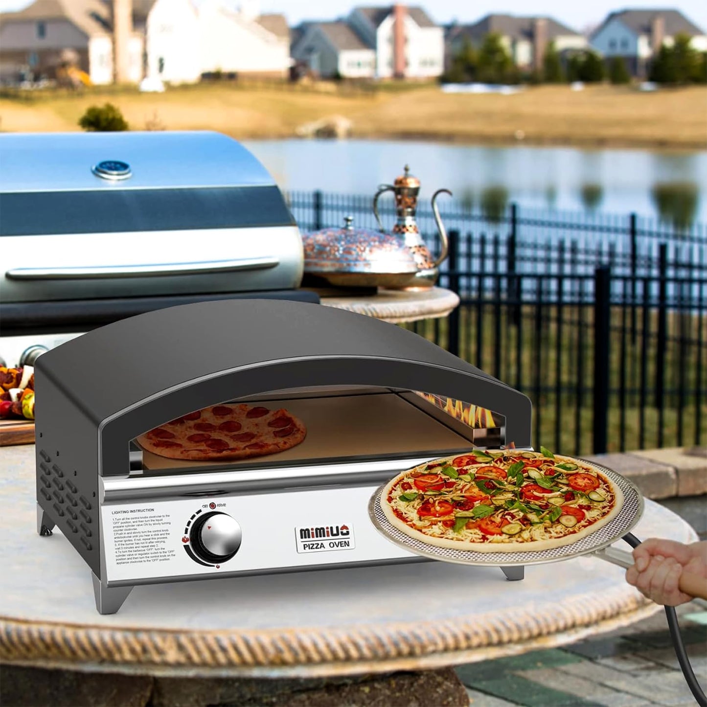 Mimiuo 25 Inch Outdoor Gas Pizza Oven, Portable Propane Pizza Oven with Large Baking Stone - Make 2 Pizzas At Once - Multifunctional Stainless Steel Grilling Stove to Cook Steak Meat Seafood - CookCave