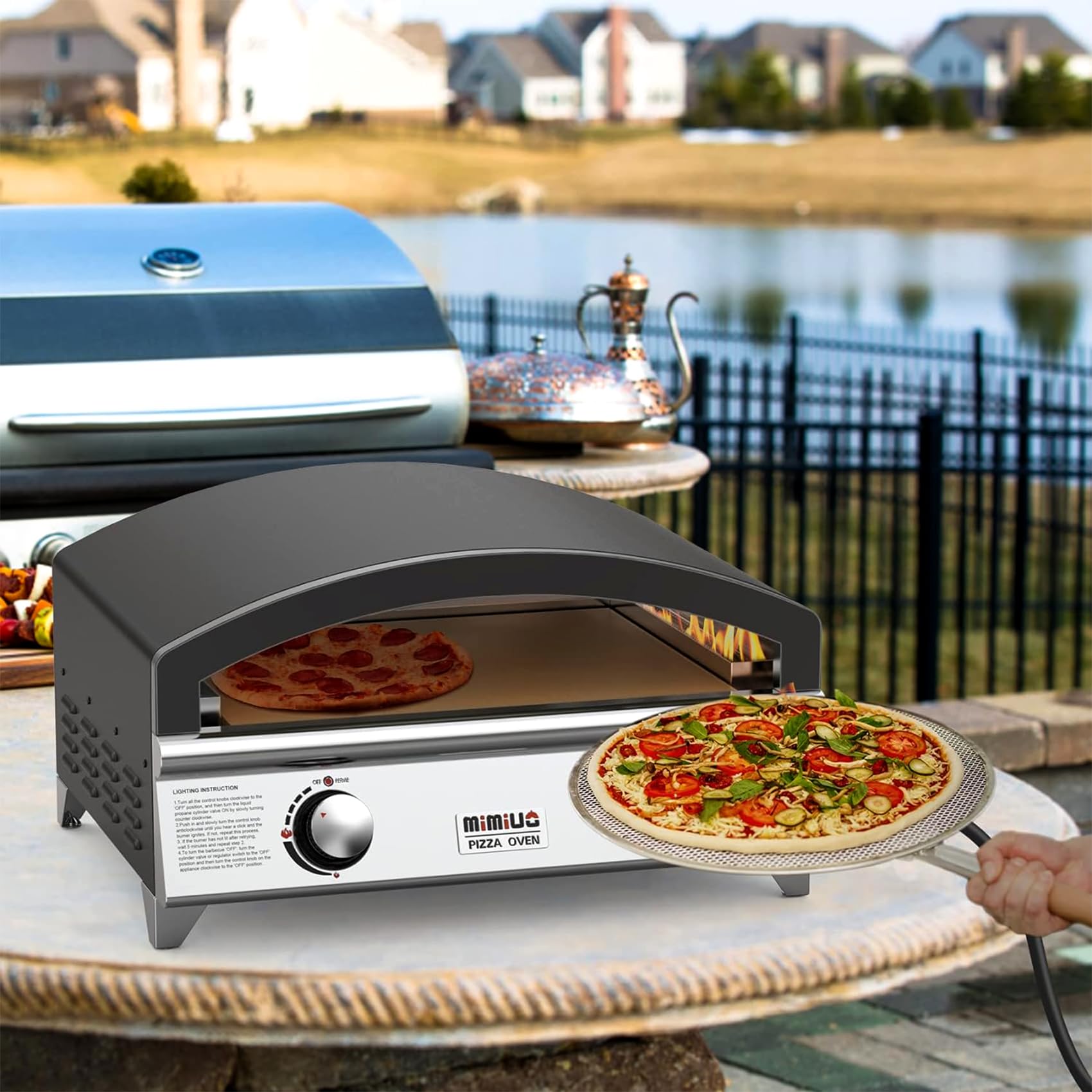 Mimiuo 25 Inch Outdoor Gas Pizza Oven, Portable Propane Pizza Oven with Large Baking Stone - Make 2 Pizzas At Once - Multifunctional Stainless Steel Grilling Stove to Cook Steak Meat Seafood - CookCave