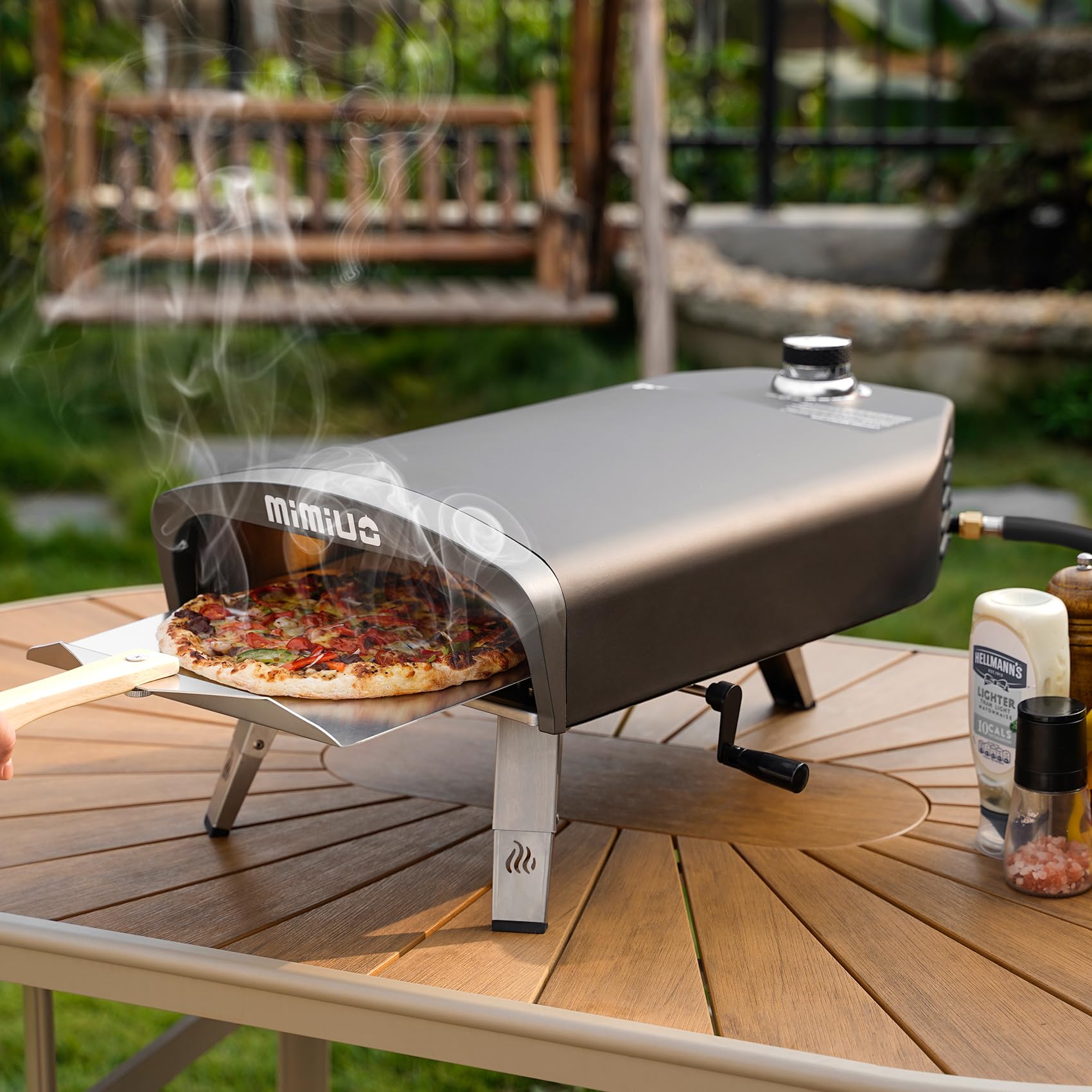 Mimiuo Outdoor Gas Pizza Oven Portable Propane Pizza Grilling Stove with Manual Rotation System, Oven Cover, Pizza Stone and Pizza Peel - CookCave