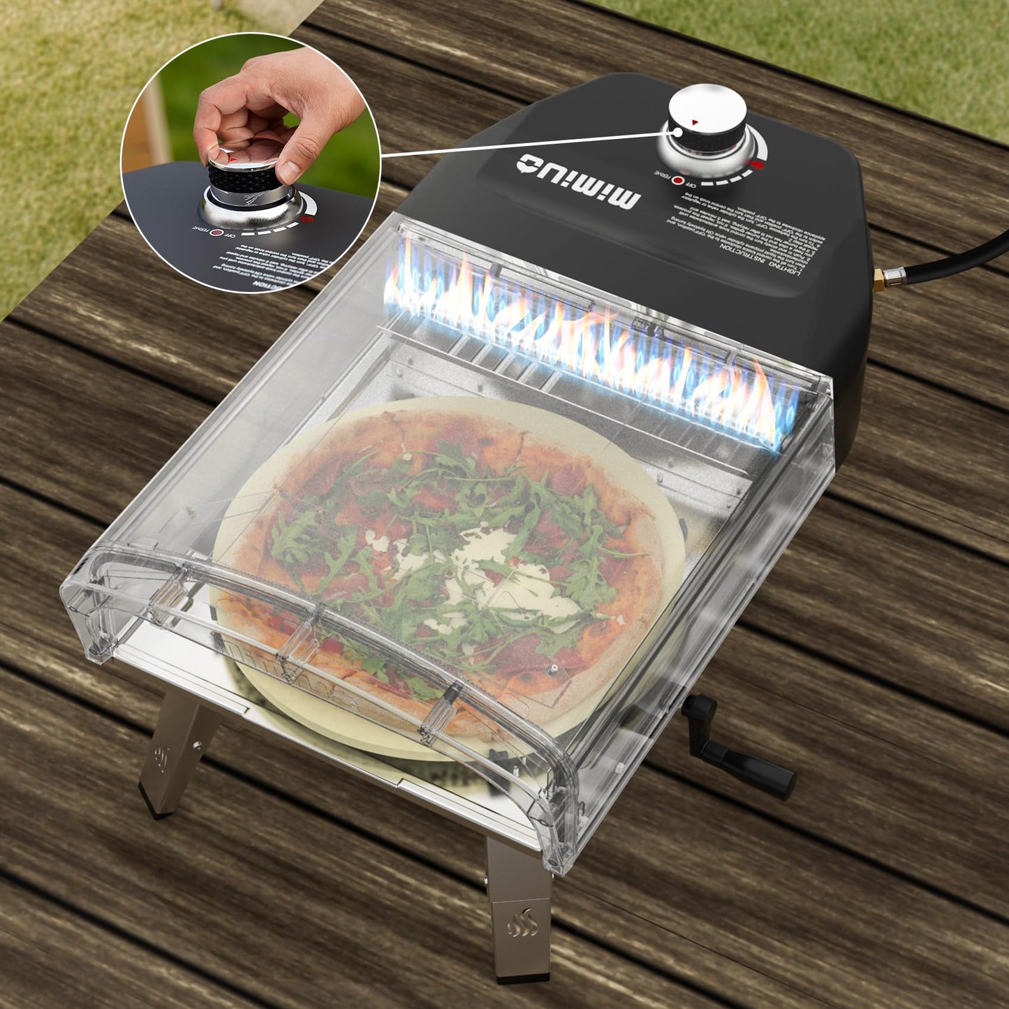 Mimiuo Outdoor Gas Pizza Oven Portable Propane Pizza Grilling Stove with Manual Rotation System, Oven Cover, Pizza Stone and Pizza Peel - CookCave