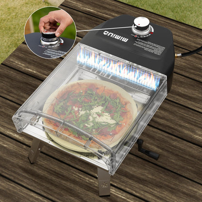 Mimiuo Outdoor Gas Pizza Oven Portable Propane Pizza Grilling Stove with Manual Rotation System, Oven Cover, Pizza Stone and Pizza Peel - CookCave