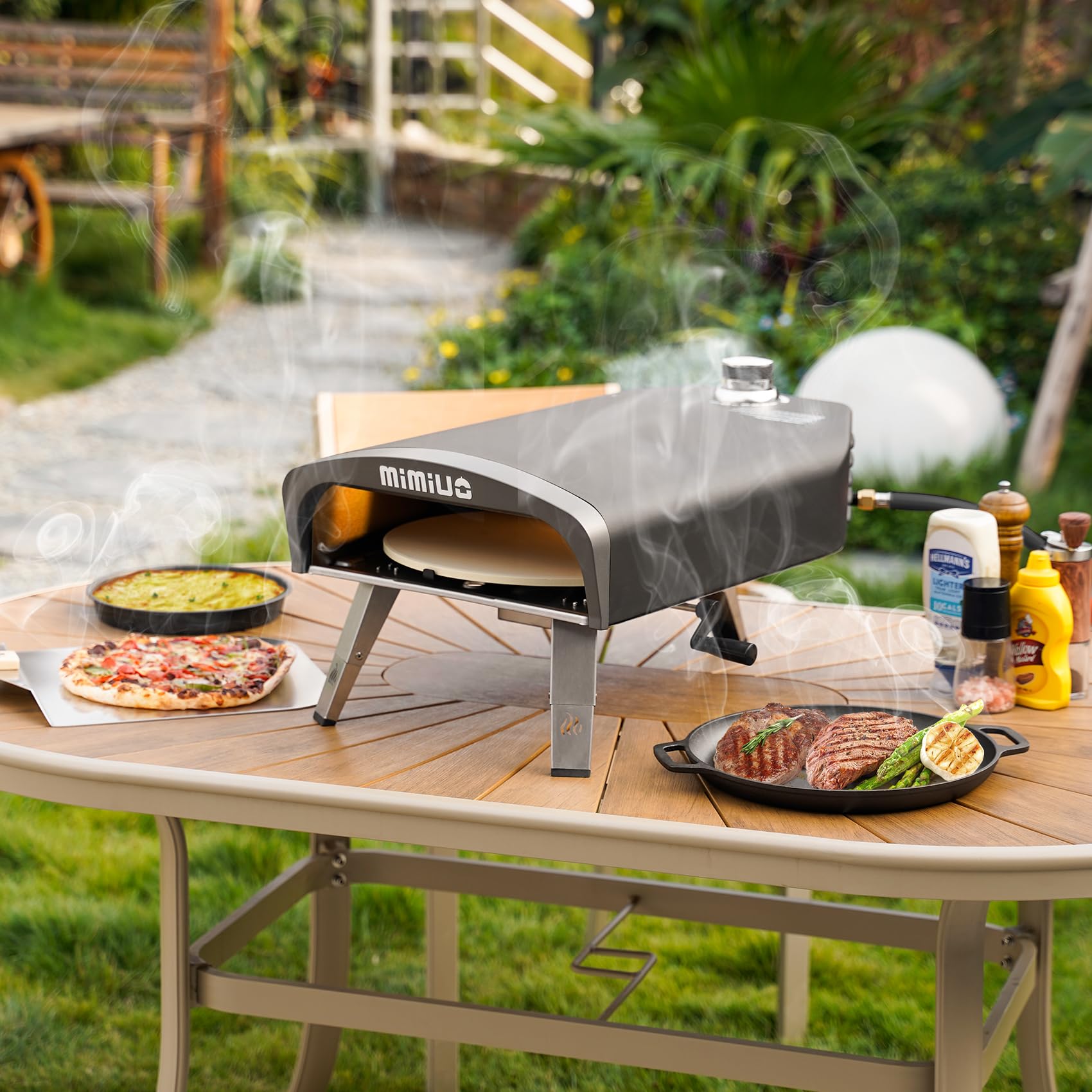 Mimiuo Outdoor Gas Pizza Oven Portable Propane Pizza Grilling Stove with Manual Rotation System, Oven Cover, Pizza Stone and Pizza Peel - CookCave